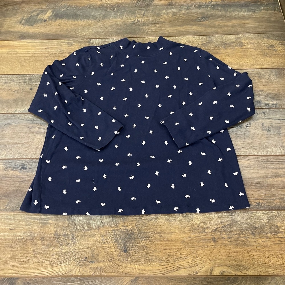 St Johns Bay Navy Blue Scottie Dog Print Mock Neck Cotton Top 2X Animal Casual